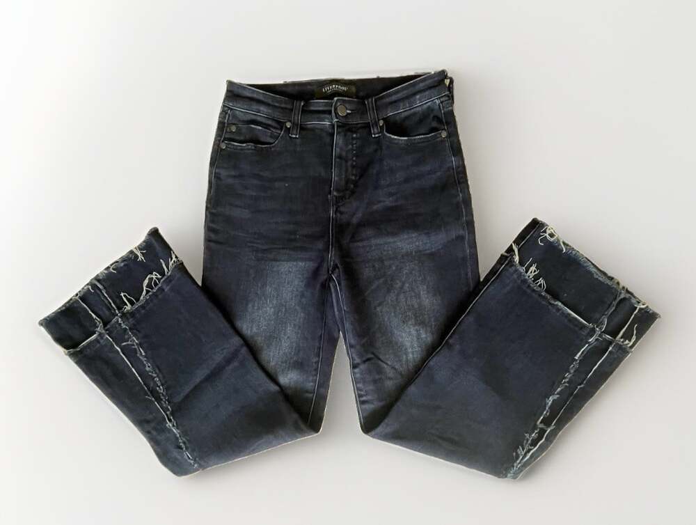 Liverpool Hannah Hi-Rise Crop Flare Womens 4/27 Frayed Stretch Denim Blue Jeans